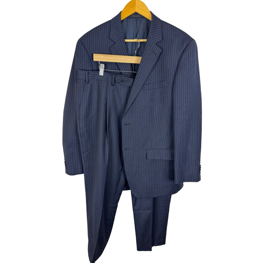 Michael Kors Mens Navy Blue Pinstripe 2 Piece Suit 42R 38X30 Pleated Trousers